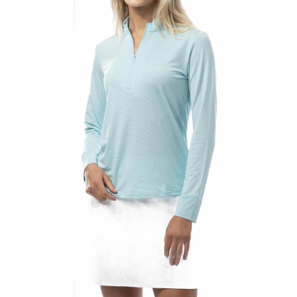 NEW SANSOLEIL 1/4 quarter zip top in turquoise white melange stripe